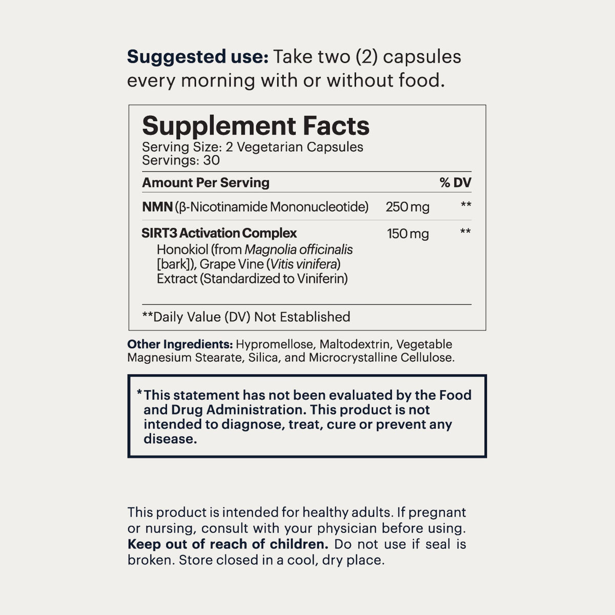 A supplement facts label and usage instructions for the Signal dietary supplement. The label shows a Supplement Facts panel with serving size 2 vegetarian capsules, 30 servings, and ingredients including SIRT3 Activation Complex.