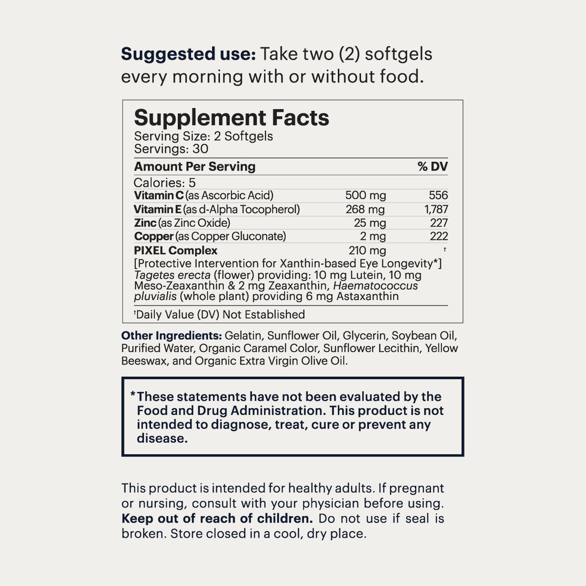 A supplement facts label for a softgel product shown on a light gray background with usage text above. The label lists serving size 2 softgels, calories, vitamins, zinc, copper, pixel complex, and other ingredients, with a disclaimer at the bottom.