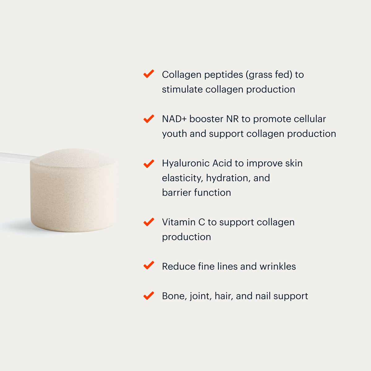 A small cylindrical beige Cofactor container on a light gray background with a list of bullet points describing ingredients and benefits, including collagen peptides, NAD+ booster NR, hyaluronic acid, vitamin C, and support for fine lines, wrinkles, bone, joint, hair, and nails.