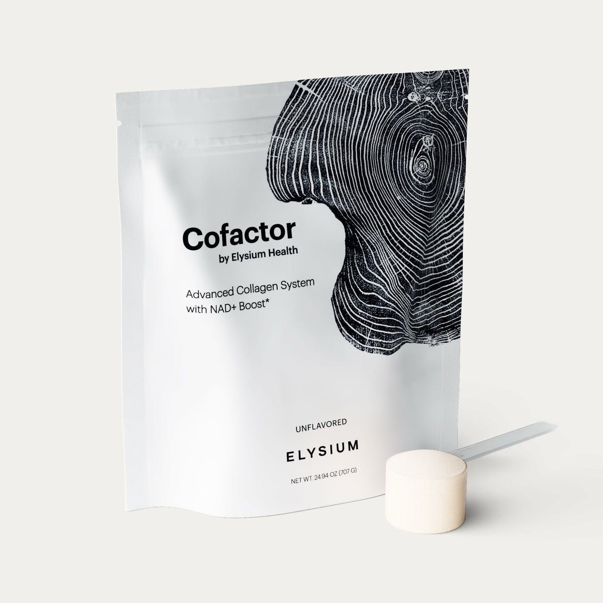 A white stand-up pouch of Elysium Cofactor collagen powder with a black wood-grain graphic, shown on a light gray background with a small off-white scoop in front.