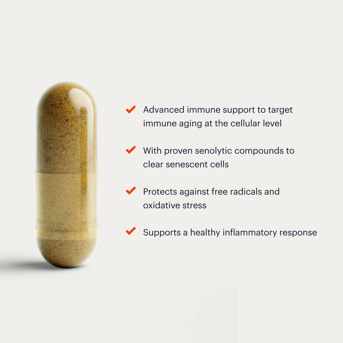 A single translucent capsule filled with brown herbal powder is shown on a light gray background next to a bulleted list of health benefits with red checkmarks.