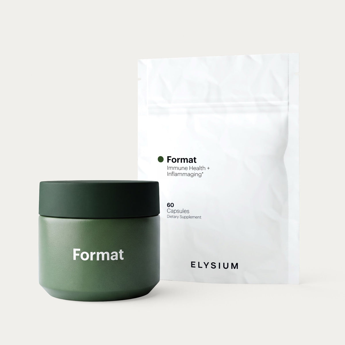 A dark green jar labeled 'Format' stands in front of a white stand-up pouch package printed with 'Format', 'immune health + inflammatory', '60 capsules', and 'ELYSIUM' on a clean off-white background.