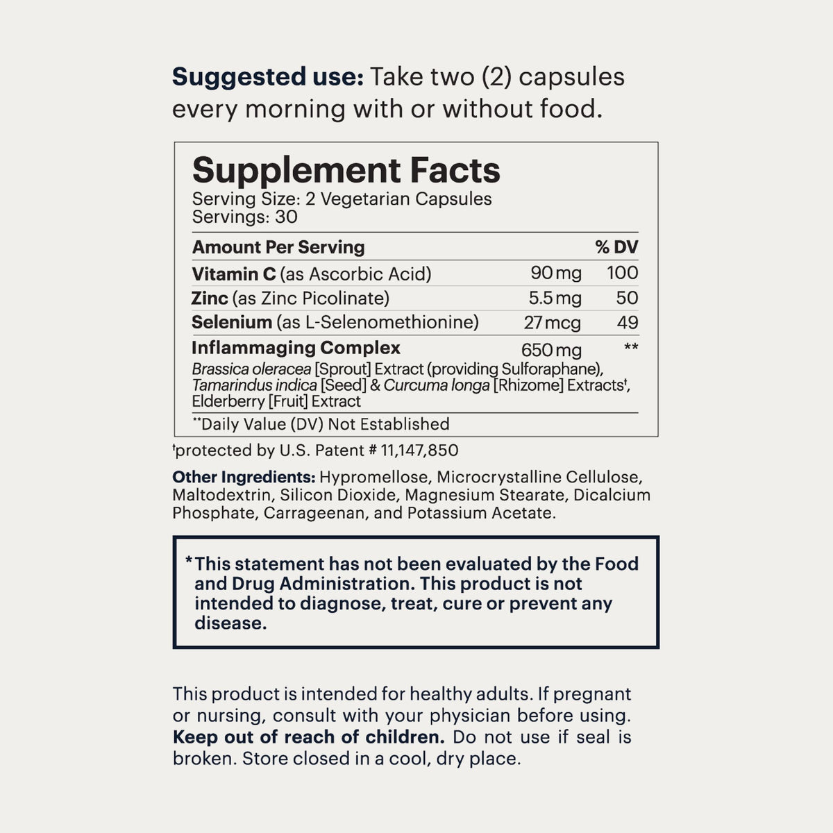 A supplement facts label and usage instructions for a dietary supplement. The label shows serving size 2 vegetarian capsules, with listed nutrients including Vitamin C, Zinc, Selenium, and Seleniamide Complex, plus a disclaimer about not intending to diagnose or treat any disease.