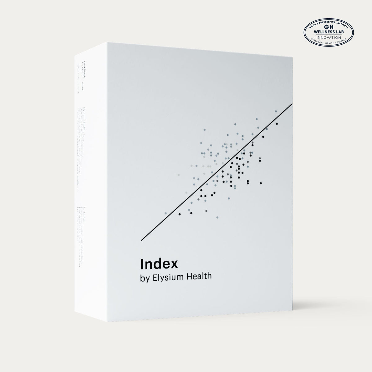A white rectangular product box labeled 'Index by Elysium Health' with a black diagonal line and scattered dot graphic on the front, shown on a light beige background. A circular 'GH Wellness Lab' mark appears in the top-right corner.