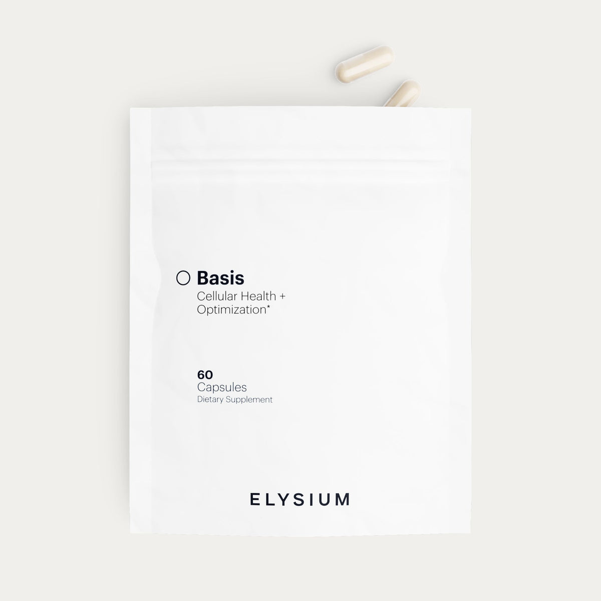 A white stand-up pouch labeled 'Basis Cellular Health + Optimization' with '60 Capsules' and the brand 'ELYSIUM' at the bottom, shown on a light neutral background with two capsules above the package.
