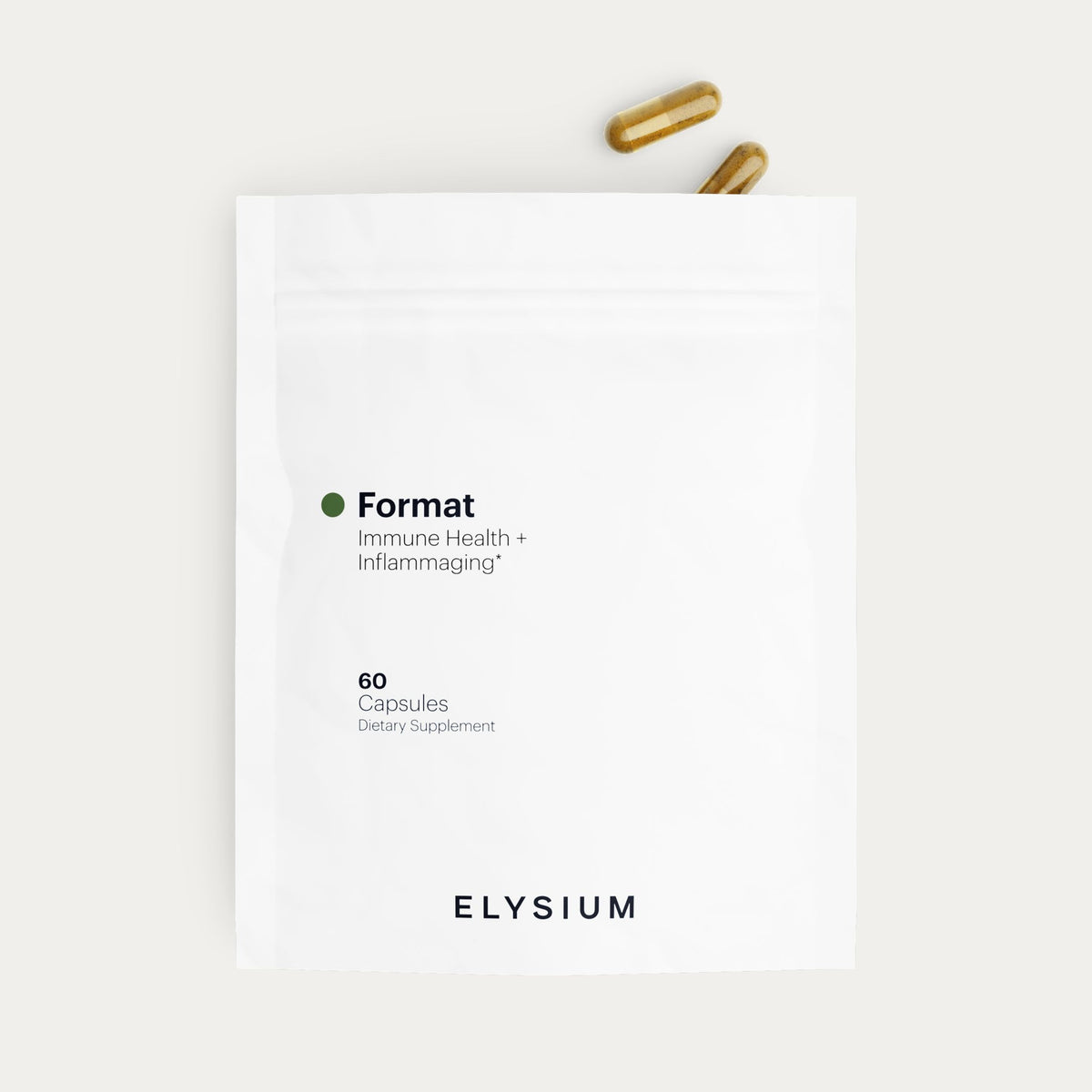 A white stand-up pouch labeled 'Format Immune Health + Inflammatory' with '60 Capsules' and the brand 'ELYSIUM' at the bottom, photographed on a light neutral background with two gold capsules placed above the package.