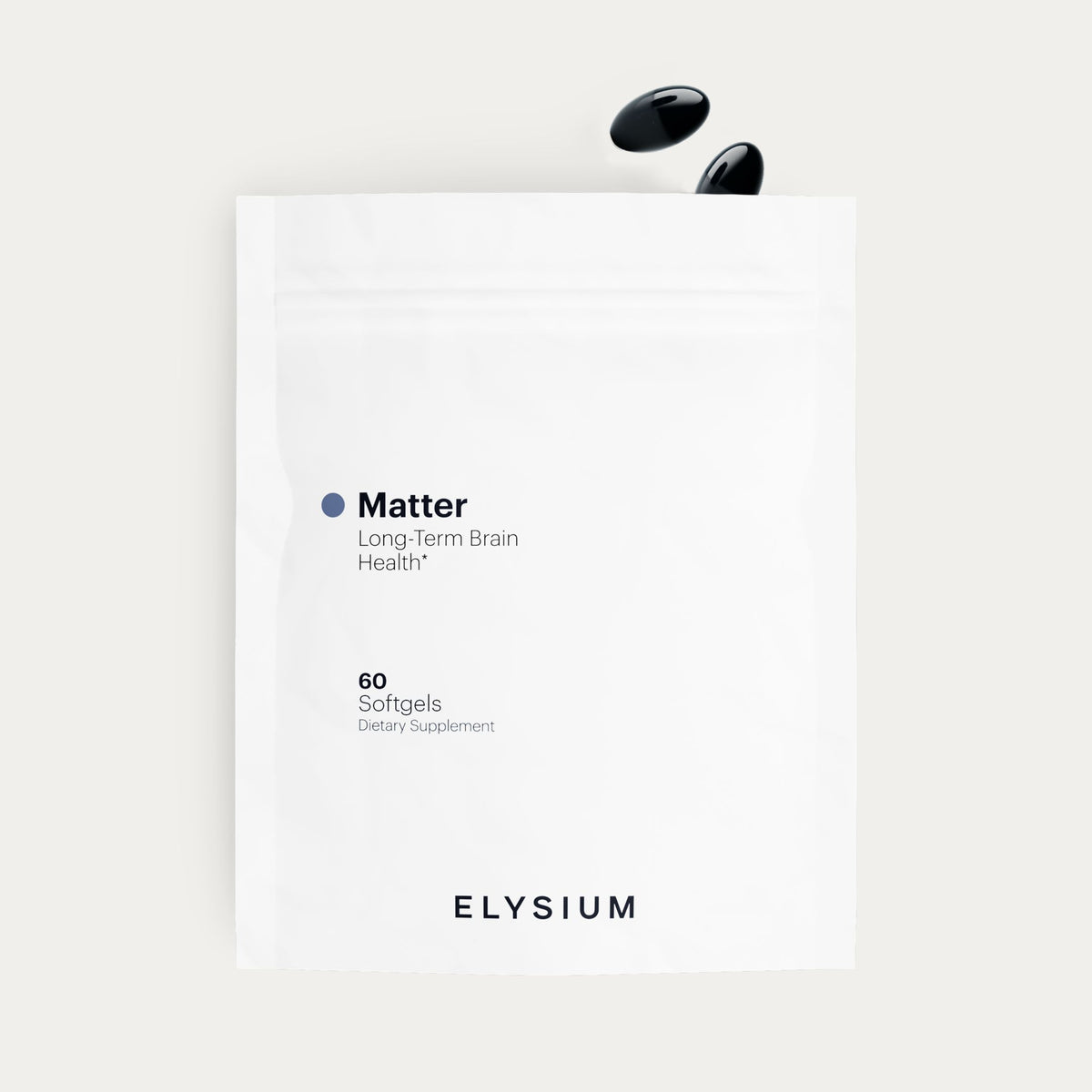A white stand-up pouch labeled 'Matter Long-Term Brain Health' with '60 Softgels' and the brand 'ELYSIUM' at the bottom, shown on a light beige background with two black softgel capsules above the package.