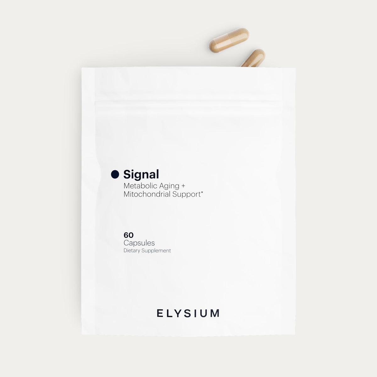A white stand-up pouch labeled 'Signal Metabolic Aging + Mitochondrial Support' with '60 Capsules' and the brand 'ELYSIUM' at the bottom, photographed on a light neutral background with two capsules above the package.