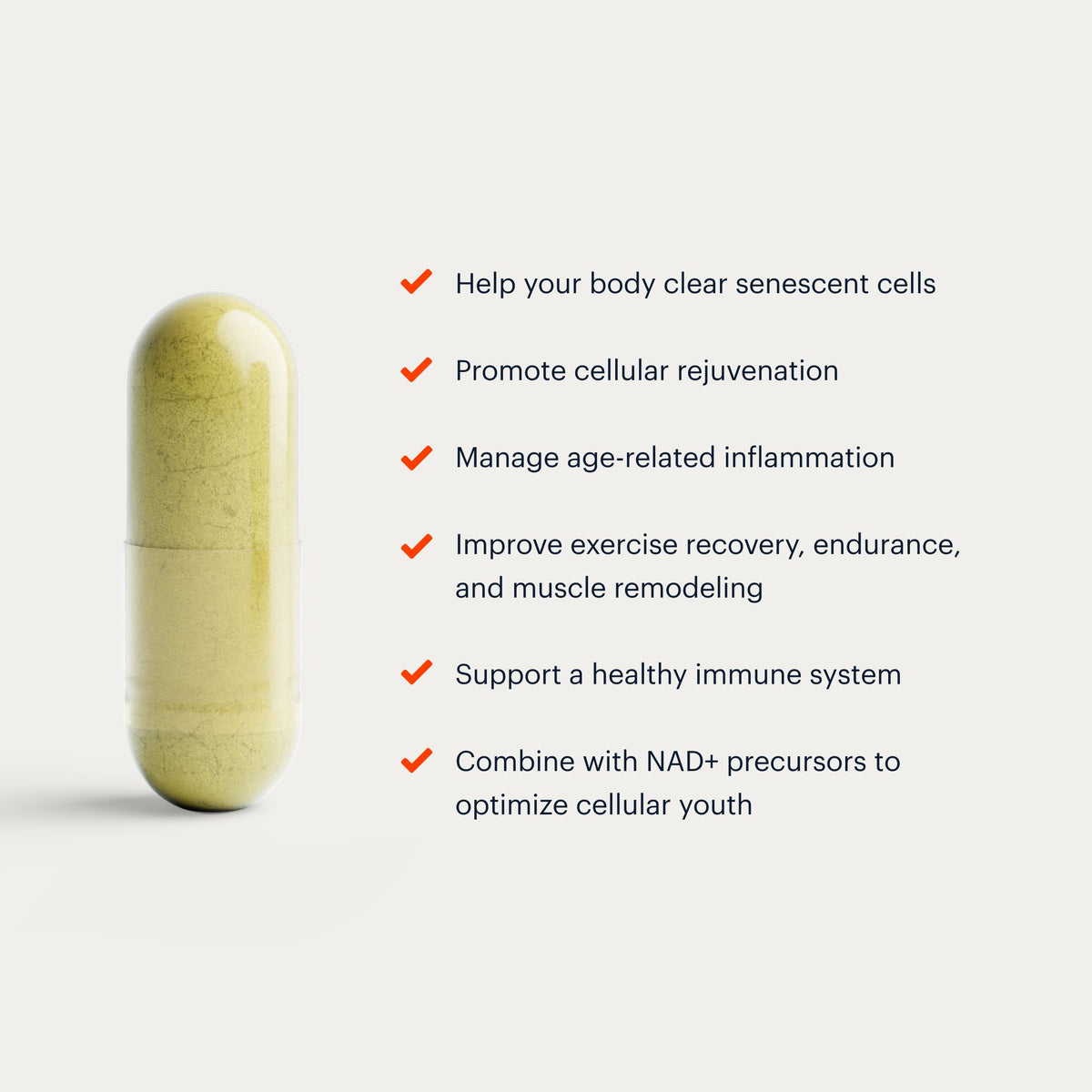 A single translucent capsule filled with pale yellow-green powder stands on a light gray background beside a bulleted list of health benefits in dark gray text with red checkmarks.