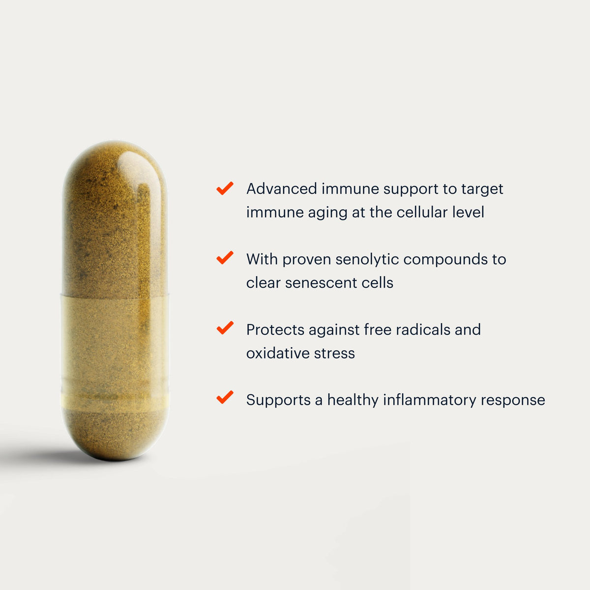 A single translucent capsule filled with brown herbal powder is shown on a light gray background next to a bulleted list of health benefits with red checkmarks.