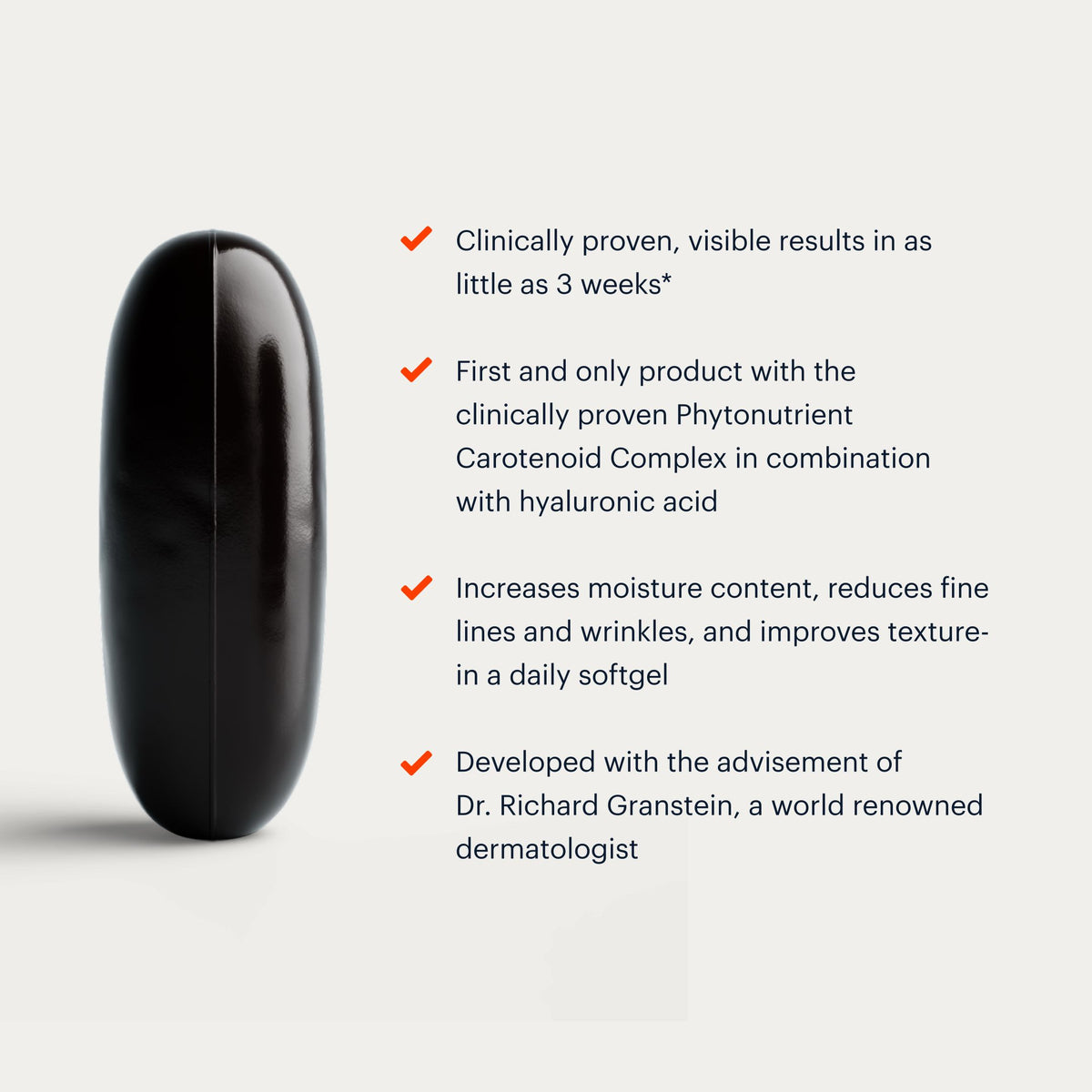A black, oval-shaped Mosaic softgel shown on a light gray background next to four bullet points of marketing text with orange checkmarks.