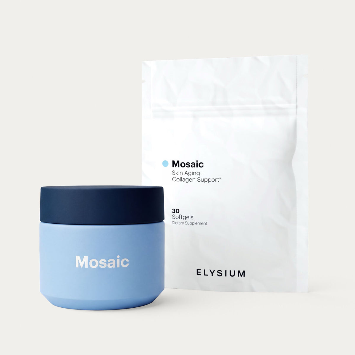 A light blue Mosaic jar stands in front of a white stand-up pouch package also branded 'Mosaic' and 'ELYSIUM' on a clean off-white background.