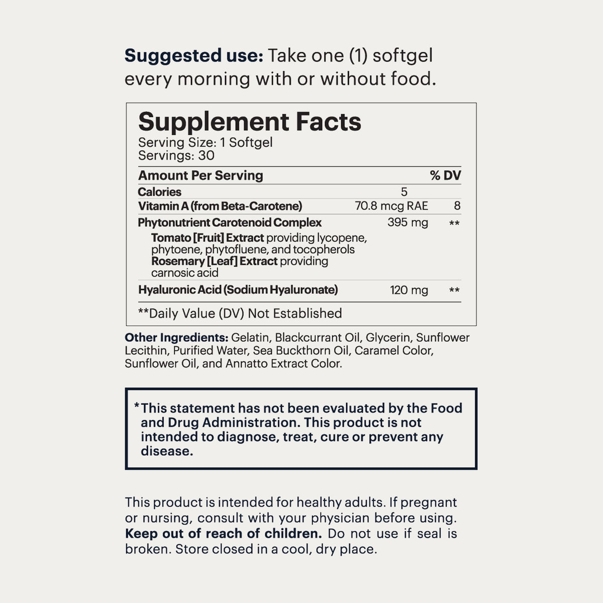A supplement facts label and usage instructions for Mosaic. The label lists serving size as 1 softgel, 30 servings, with ingredients including phytoneuroticaroiden complex, tomato extract, and hyaluronic acid.
