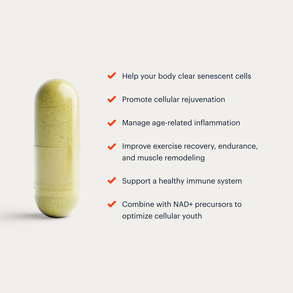 A single translucent capsule filled with pale yellow-green powder stands on a light gray background beside a bulleted list of health benefits in dark gray text with red checkmarks.