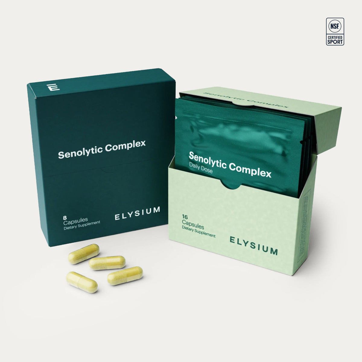 Elysium Senolytic Complex dietary supplement packaging, showing a dark teal outer box with four yellow-green capsules in the foreground, a pale green inner box with a teal sachet, and a small NSF Certified logo in the top right corner.