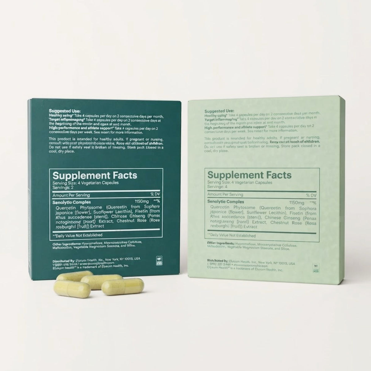 Two supplement boxes shown side by side on a light gray background, with three pale yellow capsules in front. The left box is dark teal and the right box is pale mint green; both display Supplement Facts panels and product text.