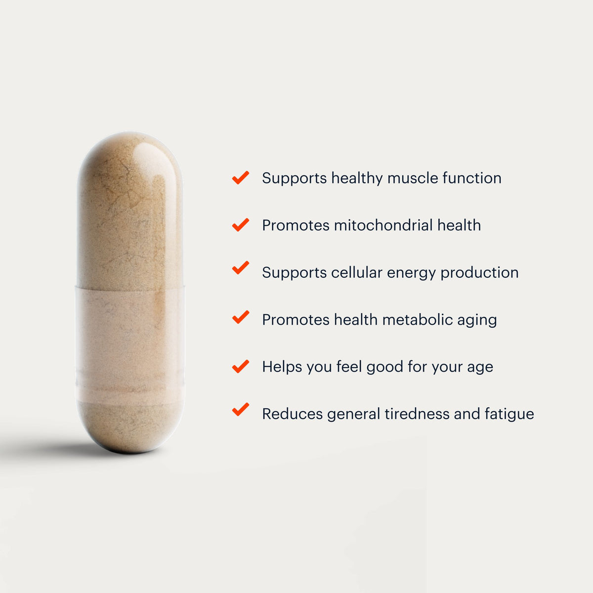 A clear capsule containing beige powder sits on a light gray background next to a bulleted list of health benefits in dark gray text with red checkmarks.
