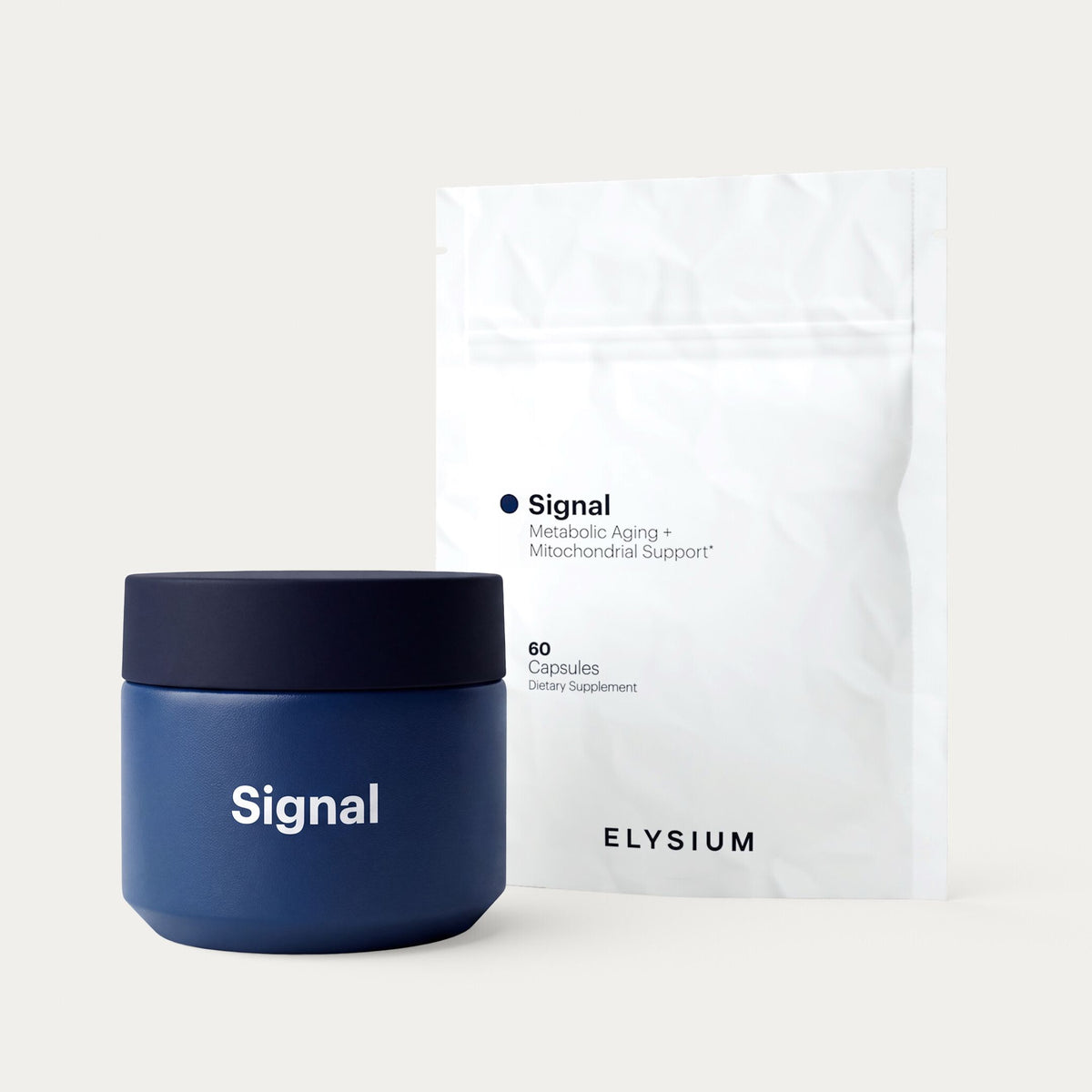 A dark blue cylindrical supplement jar labeled 'Signal' with a white stand-up pouch behind it, also labeled 'Signal' and 'ELYSIUM', on a clean off-white background.