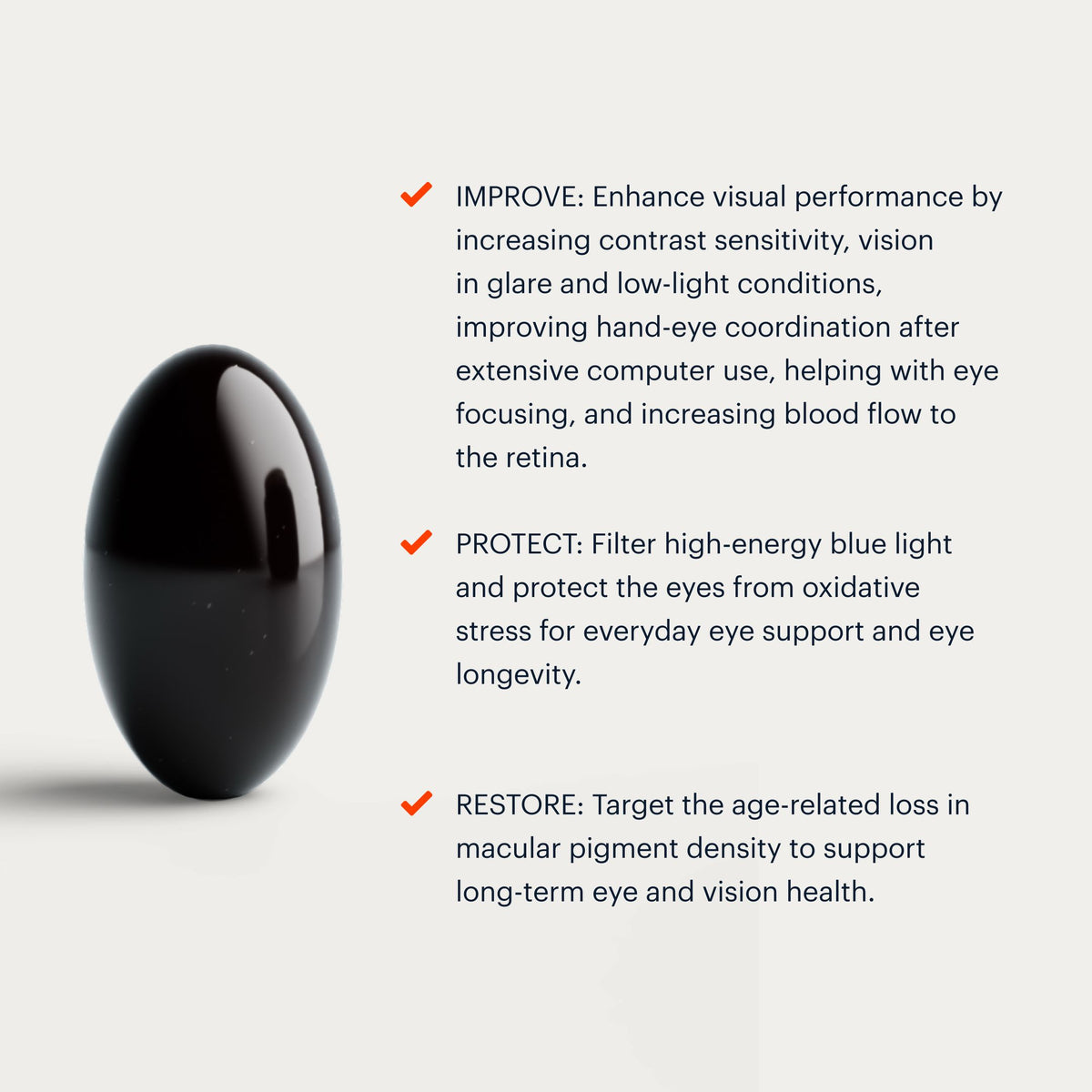 A black Vision softgel shown on a light gray background with three bullet points of text describing its benefits: improving visual performance, filtering blue light, and restoring macular pigment density.