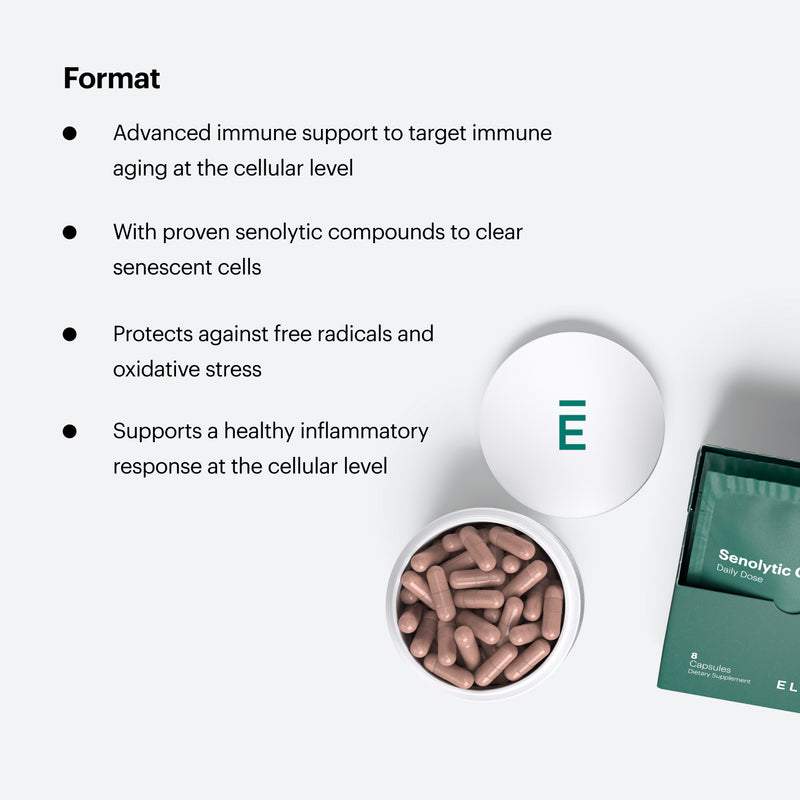 Format. Advanced immune support to target immune aging at the cellular level. With proven senolytic compounds to clear senescent cells. Protects against free radicals and oxidative stress. Supports a healthy inflammatory response